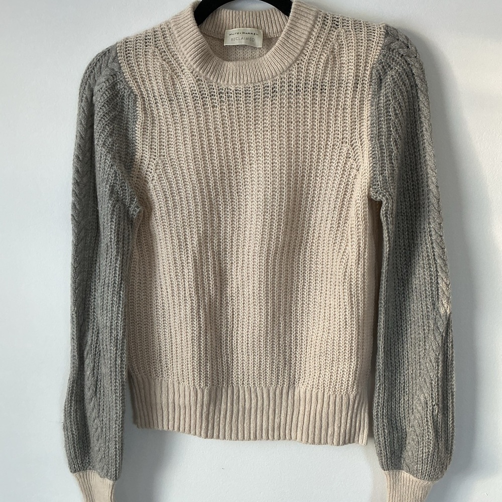 White + Warren Cream and Gray Crew Neck Sweater